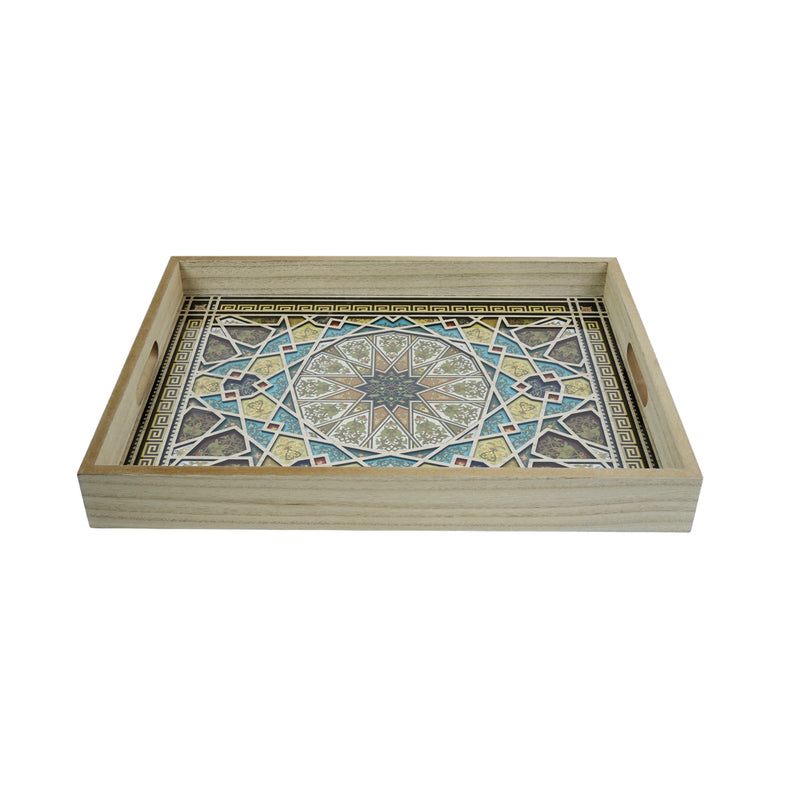 Set of 2 Rectangular Citrus Wooden Geometric Inlay Pattern Iftar Serving Trays (2307-4AB)