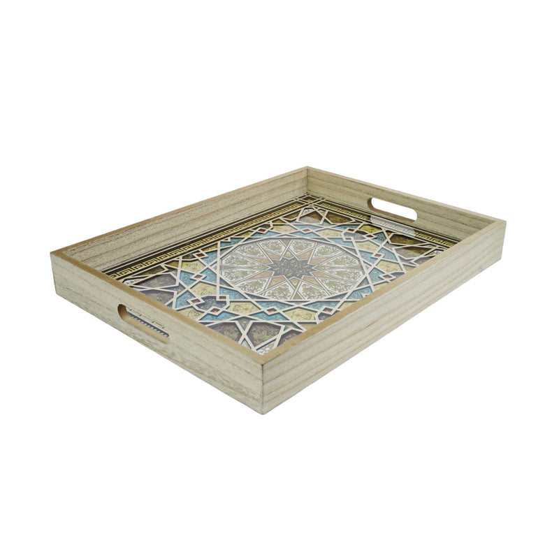 Set of 2 Rectangular Citrus Wooden Geometric Inlay Pattern Iftar Serving Trays (2307-4AB)