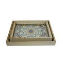 Set of 2 Rectangular Citrus Wooden Geometric Inlay Pattern Iftar Serving Trays (2307-4AB)