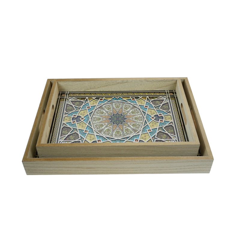 Set of 2 Rectangular Citrus Wooden Geometric Inlay Pattern Iftar Serving Trays (2307-4AB)