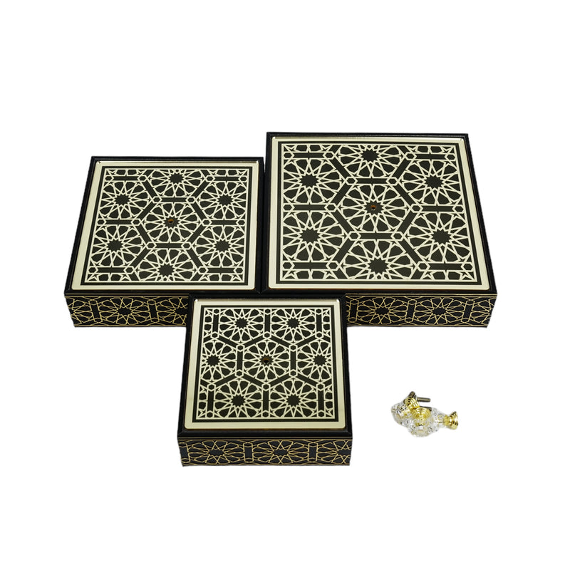Set of 3 Black Gold Stencil Geometric Storage Boxes (2320-11ABC)