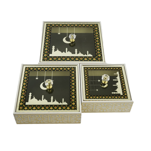 Set of 3 Cream Gold Masjid Silhouette Stencil Geometric Storage Boxes (2320-15ABC)