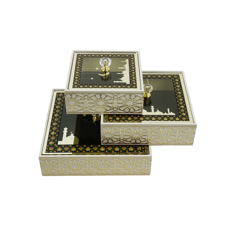 Set of 3 Cream Gold Masjid Silhouette Stencil Geometric Storage Boxes (2320-15ABC))