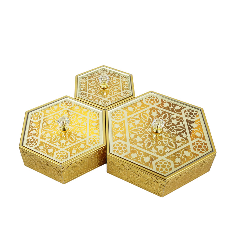 Set of 3 GOLD  Hexagon Acrylic Boxes with Lids (2324-4ABC)