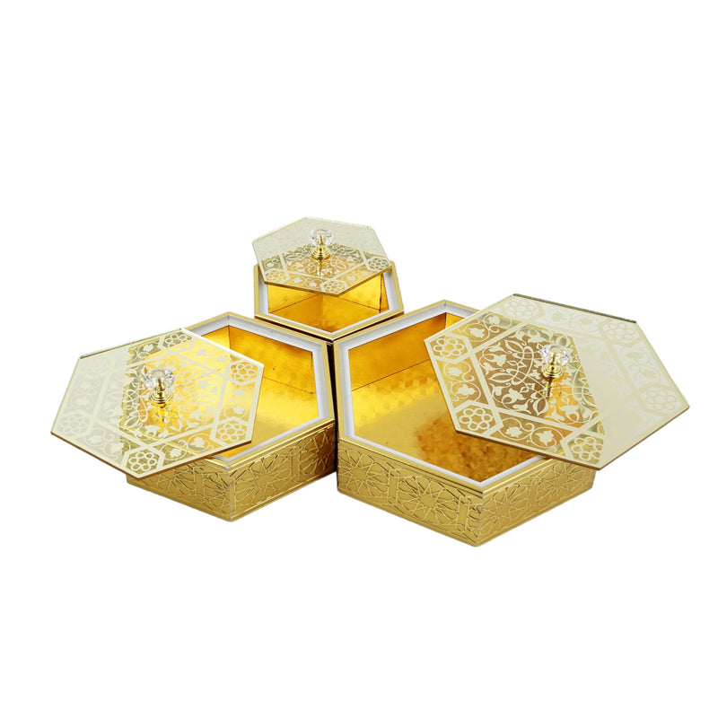 Set of 3 GOLD  Hexagon Acrylic Boxes with Lids (2324-4ABC)