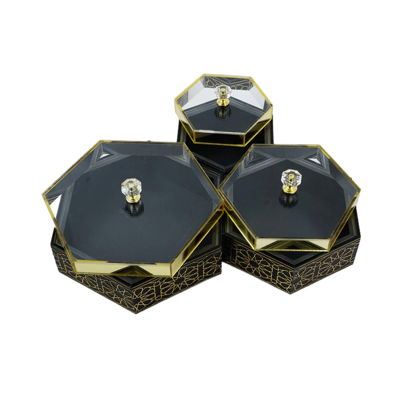 Set of 3 BLACK  Hexagon Acrylic Boxes with Lids (2324-9ABC)