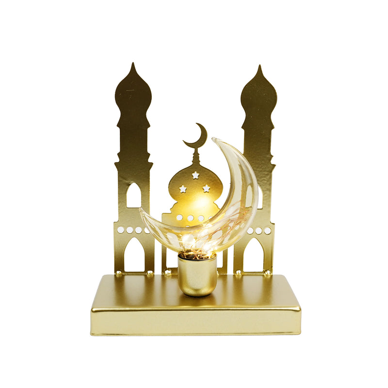 Brushed Gold Masjid Minarets Table Stand With Crescent Shape LED Light (23649-2)