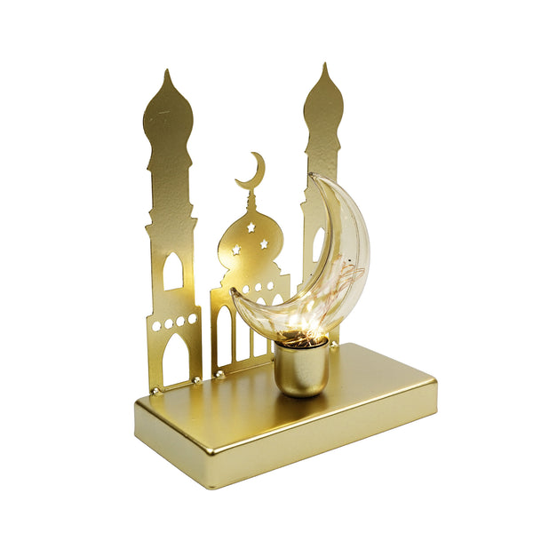 Brushed Gold Masjid Minarets Table Stand With Crescent Shape LED Light (23649-2)