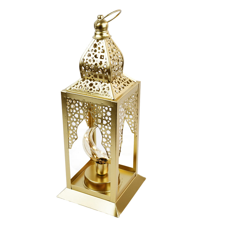 Large GEOMETRIC Brushed Gold Minaret LED Bulb Metal Lantern (23916-2)
