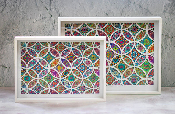 2pc Set Ottoman MULTI-COLOURED Tile Inlay Trays - WHITE frame (SY-60)