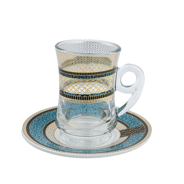 Set of 6 Turkish Glass Cups & Saucers - Teal and Gold (RS-Q20)
