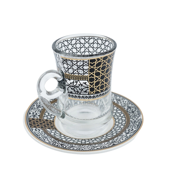 Set of 6 Turkish Glass Cups & Saucers - Geometric Print Black and Gold (RS-Q18)