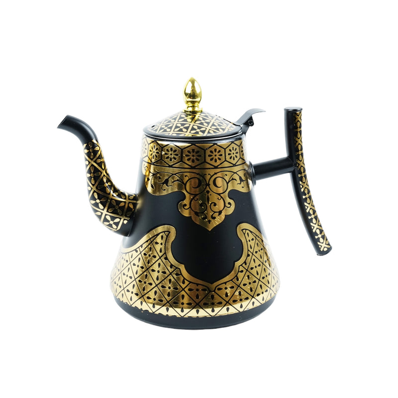 Metal Teapot White,Gold & Black With Geometric/Arabesque Print Detailing 2L
