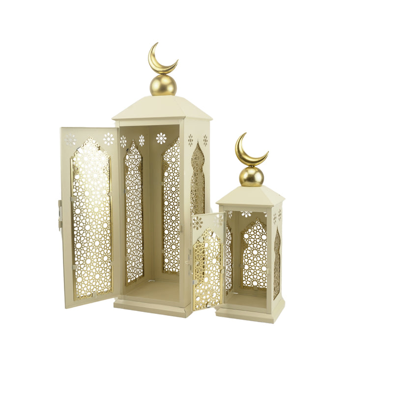 Set of 2 Cream Lanterns with Crescent Moon and Intricate Gold Geometric Design (24721-2)