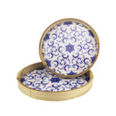 Set of 2  Round Wooden Serving Tray with Blue Floral Design (857-5)