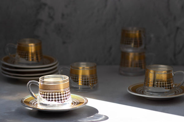 Set of 6 Glass & Ceramic Cups & Saucers - Gold Houndstooth Pattern ( RS-Y627)