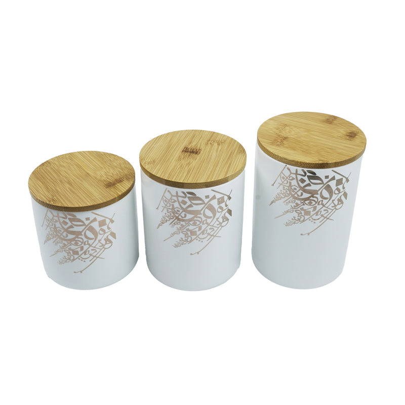 3 Set White Ceramic Calligraphy Design Containers with Wooden Lids (SJ-3054-9)