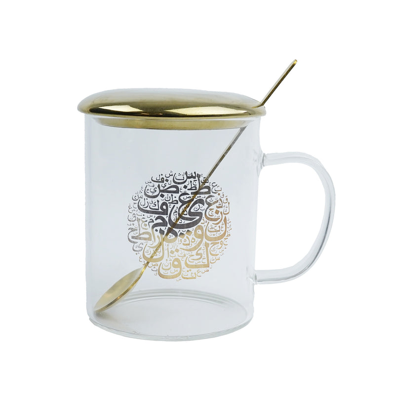 Glass Gold Arabic Calligraphy Mugs Plate-Spoon-Lid Options (BL)