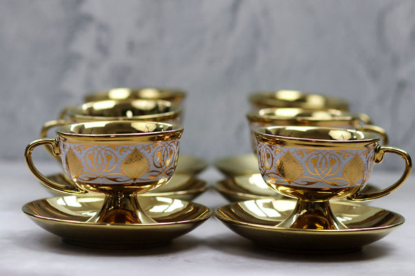 Set of 6 Golden Ceramic Eid / Ramadan Cups & Saucers  - Gold Galerie Pattern (XJ501-7)