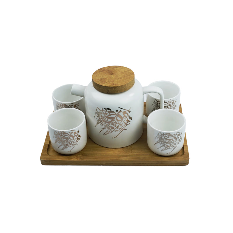 White Ceramic Teapot Wooden Lid set & Rectangle  Wooden Tray (SJ-1411-13)