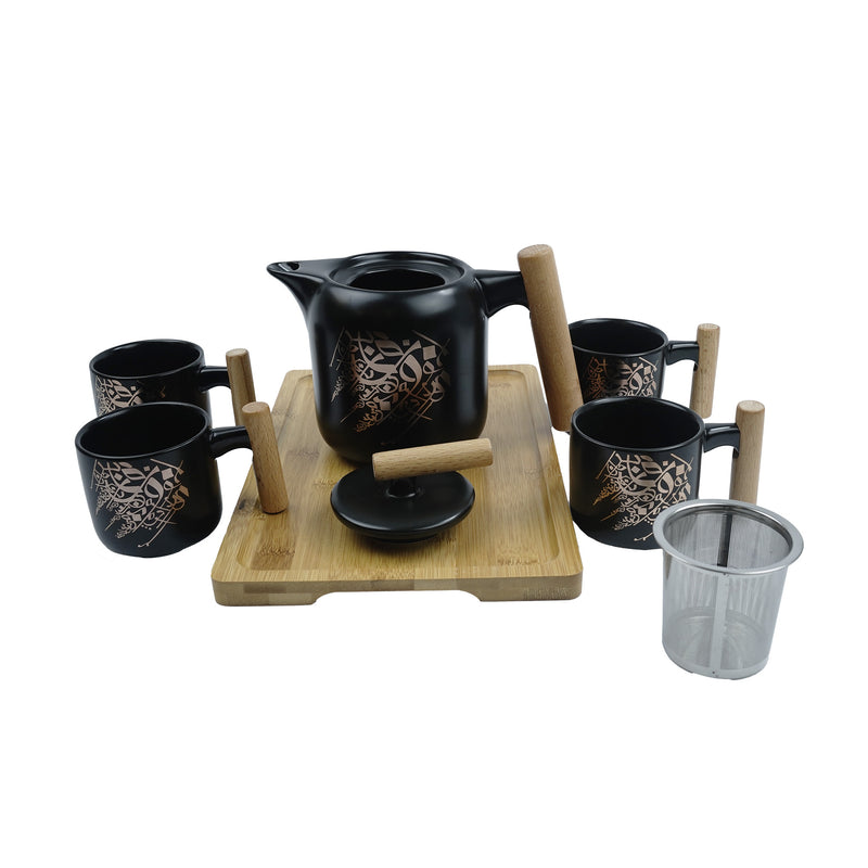 Black Ceramic Teapot set with Wooden Tray (SJ-1412-6)