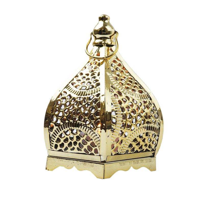 2 x Shiny Gold Hexagonal Minaret Metal LED Lantern (JK23125))