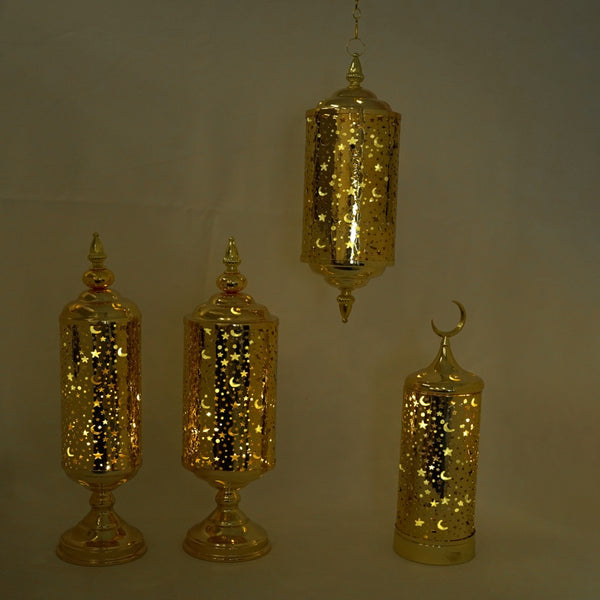 Shiny Gold Hanging Crescent Star Lantern Metal Chain LED Lantern (G612)
