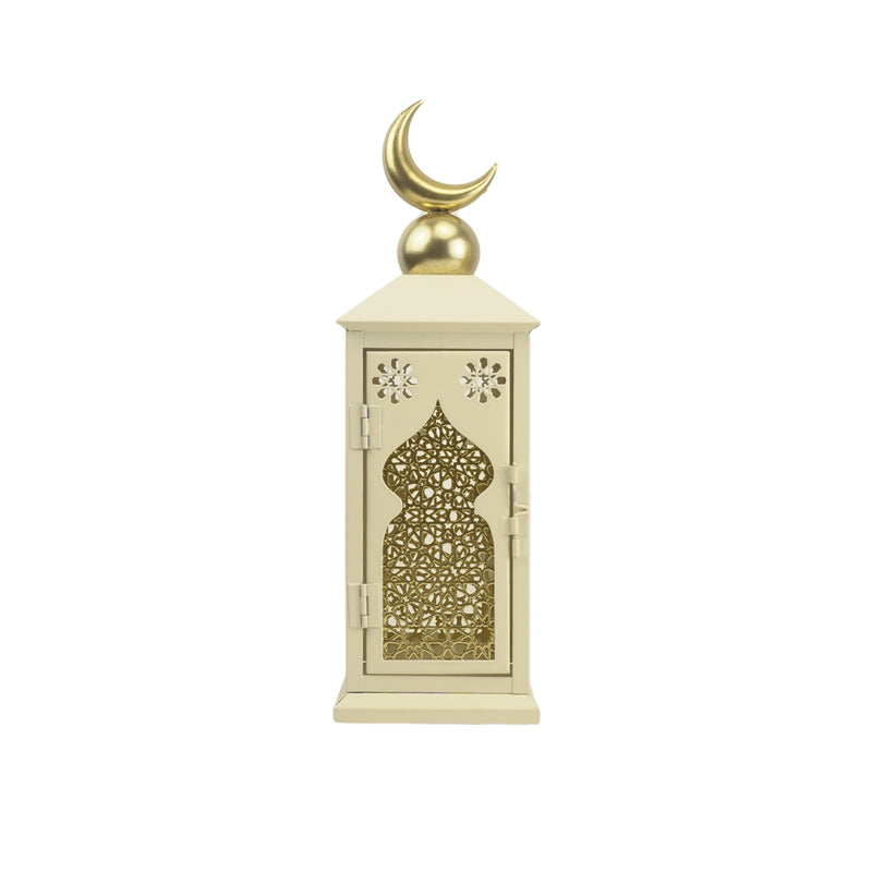 Set of 2 Cream Lanterns with Crescent Moon and Intricate Gold Geometric Design (24721-2)