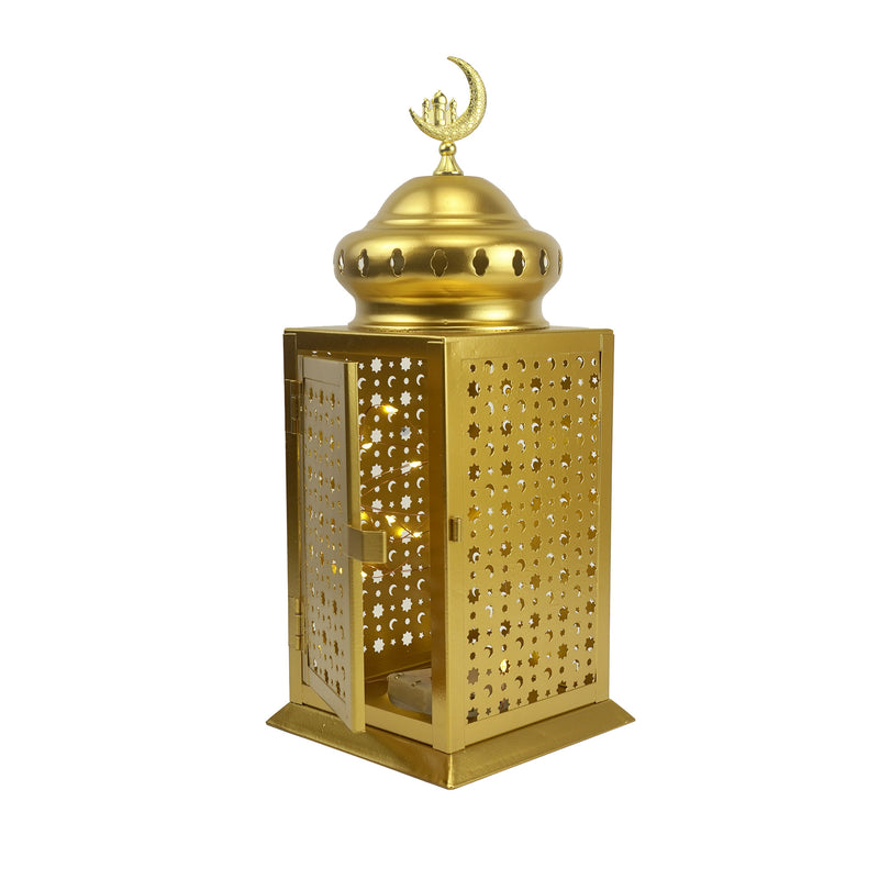 Gold Crescent Moon Dome LED Lantern with Intricate Moon Star Cutouts (24206-6)