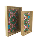 Set of 2 Wooden Serving Trays with Multicolored Islamic Geometric Design (1904-5AB)