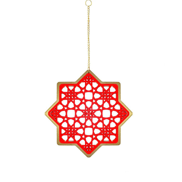 Wooden Ramadan & Eid Ornate Hanging Star Decorations - Red / Gold Outline