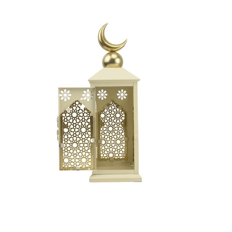 Set of 2 Cream Lanterns with Crescent Moon and Intricate Gold Geometric Design (24721-2)