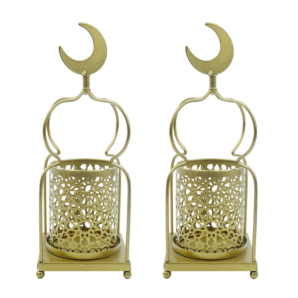 2 x Matt Gold Metal Moon & Star Tea Light Candle Table Lanterns  (K-2799D)