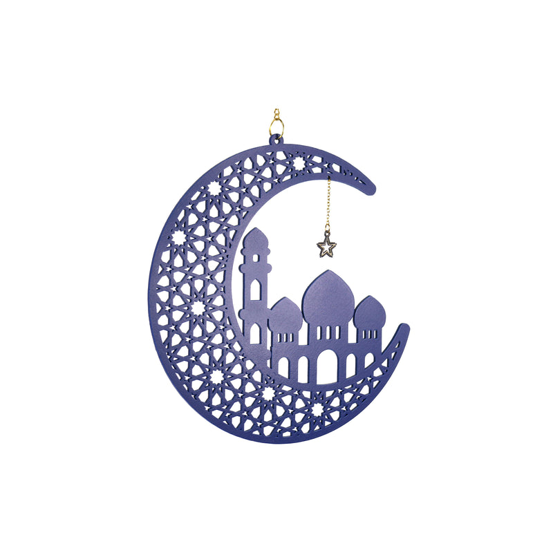 Blue Wooden Ramadan / Eid Crescent Moon & Mosque Hanging Decorations
