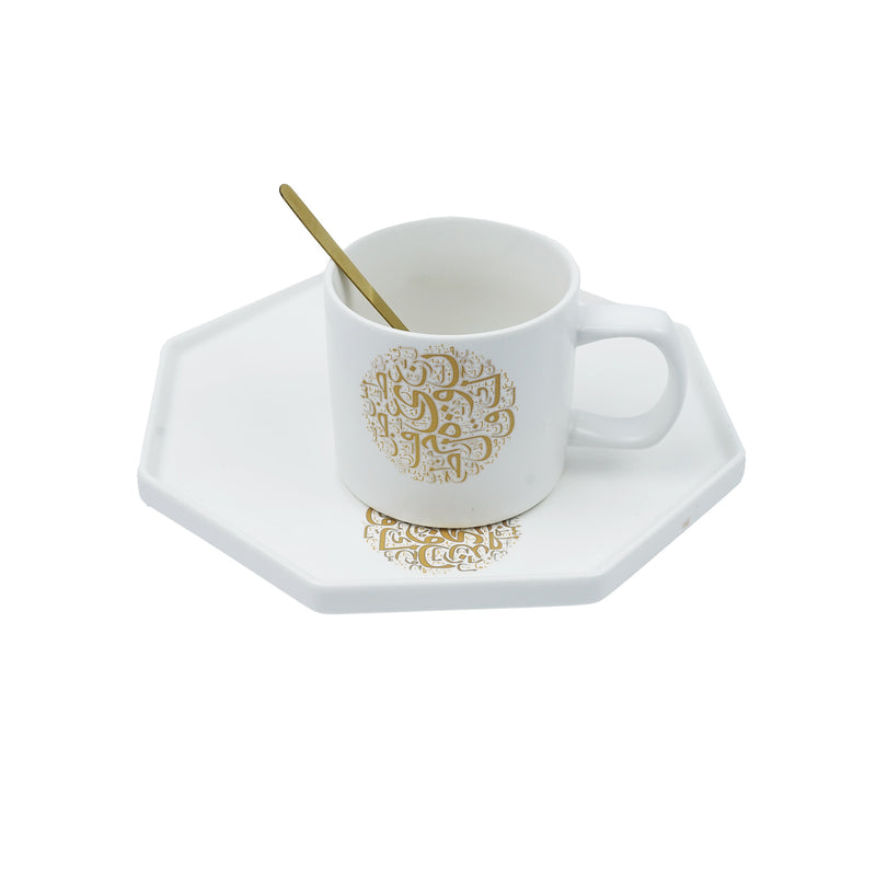 Gold printed Calligraphy Black/White Mug with Large Hexagon Plate and Spoon(SJ-1453-5)