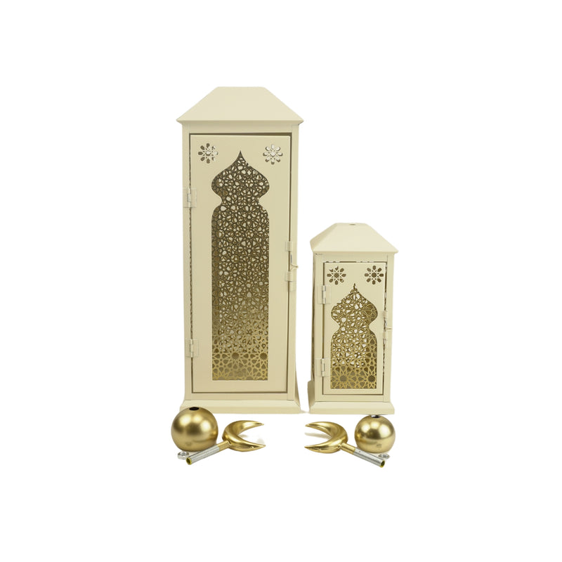 Set of 2 Cream Lanterns with Crescent Moon and Intricate Gold Geometric Design (24721-2)