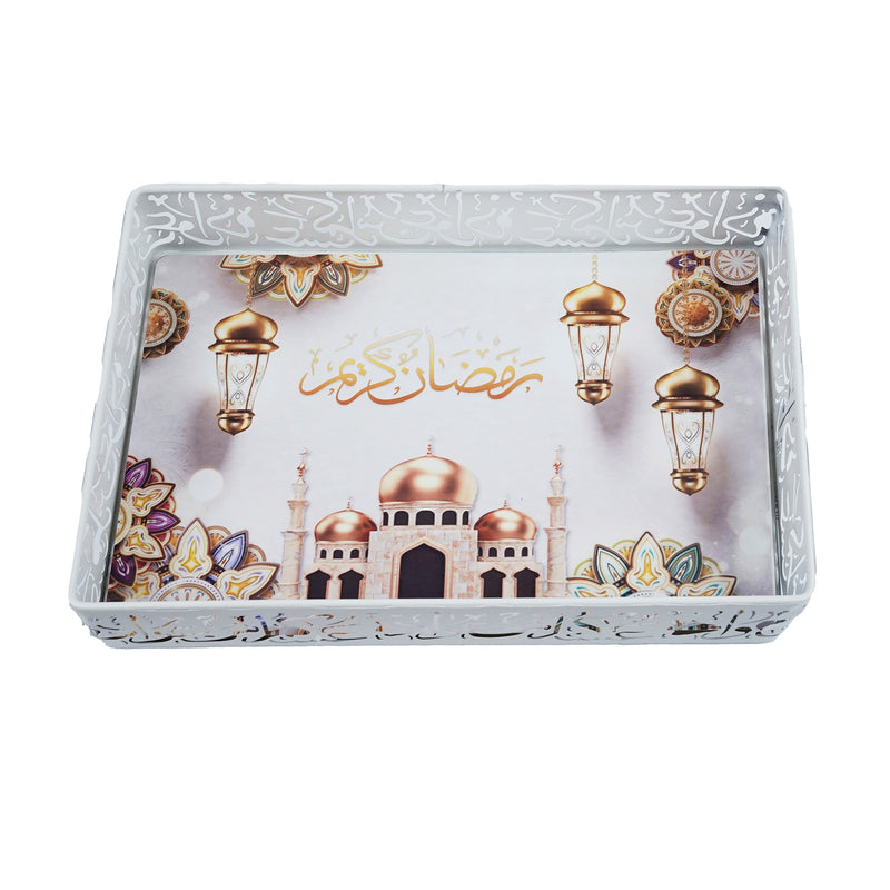 Set of 2 WHITE Metal Rectangle ARABIC Cut Out Trays (757-30)