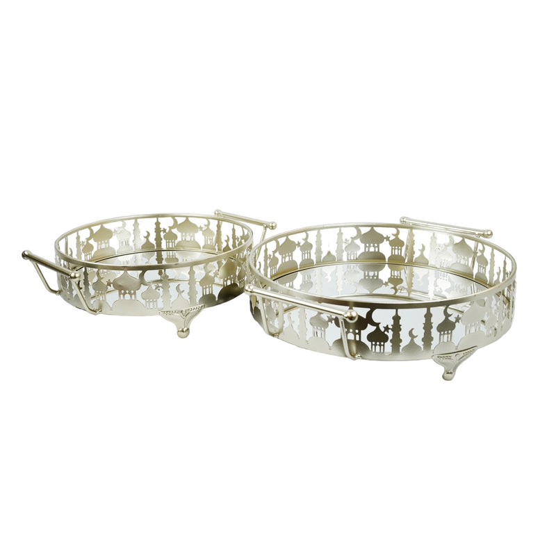 Set of 2 Gold Metal & Mirror Round Cut Out Cake / Treat Tins With Handles(757-3)