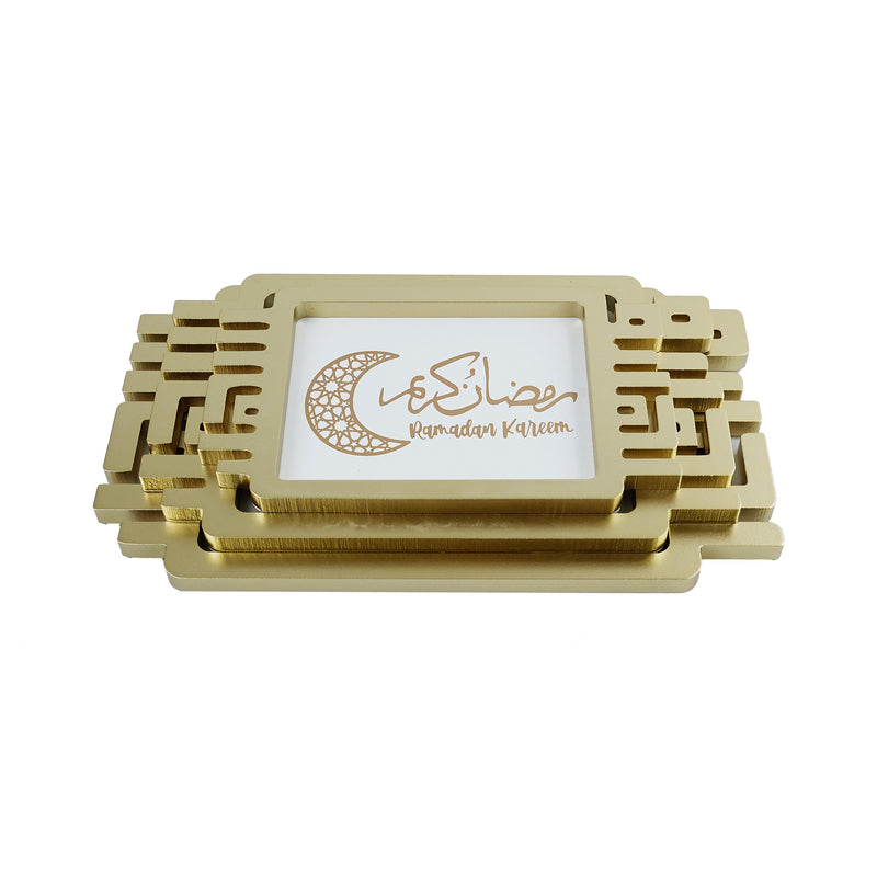 Rectangle ArtDecor Ramadan Kareem Set of 3 Gold Tray (757-33)