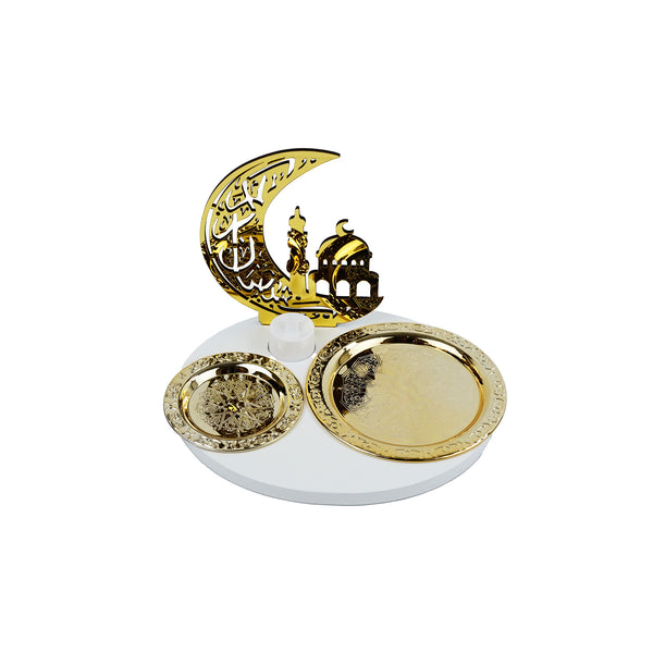 Crescent Moon/رمضان كريم Tea Light Stand with 2 Gold Plates (757-52)