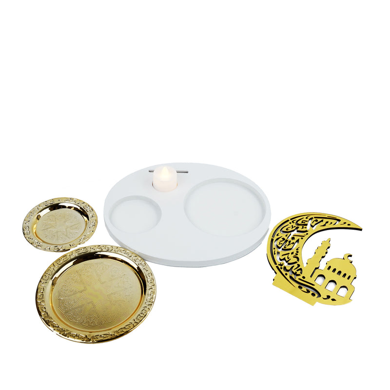 Crescent Moon/رمضان كريم Tea Light Stand with 2 Gold Plates (757-52)
