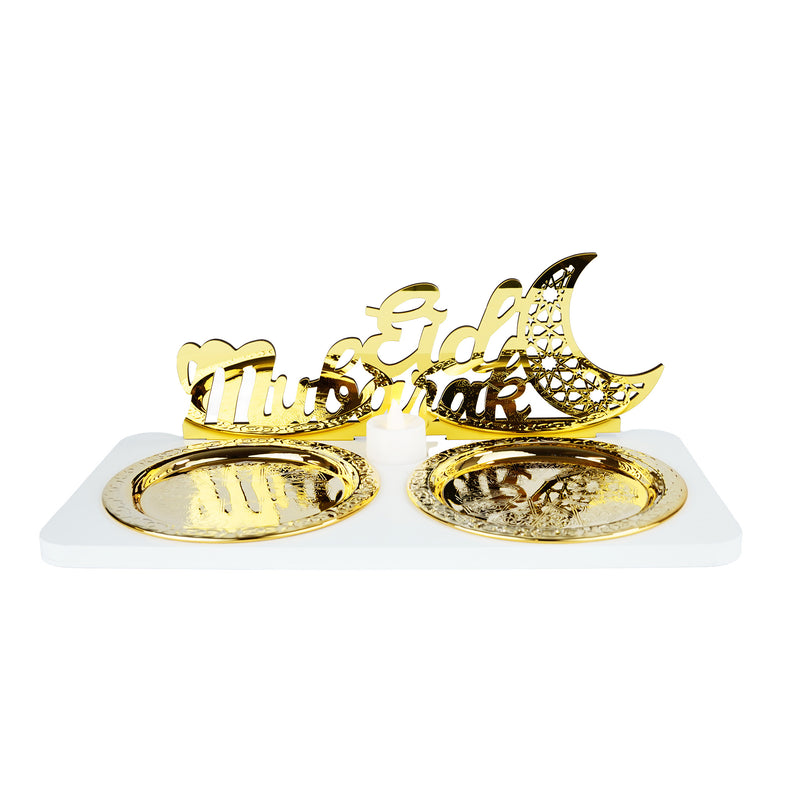 Mirrored Eid Mubarak Tealight Stand with 2 Gold Plates (757-53)