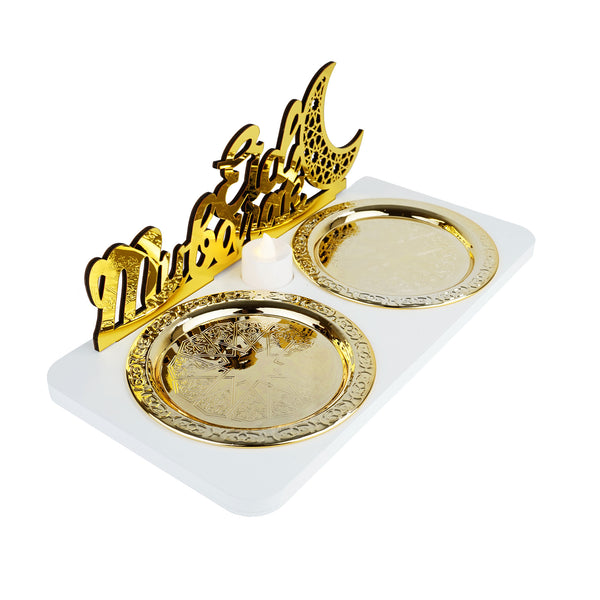 Mirrored Eid Mubarak Tealight Stand with 2 Gold Plates (757-53)