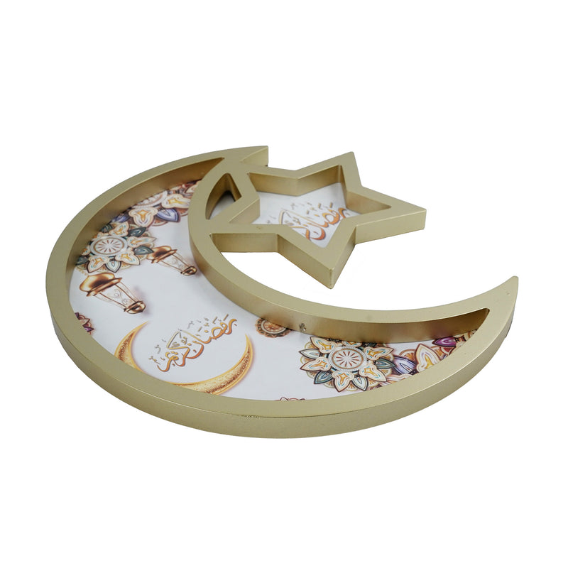 GOLD Wooden Crescent Moon With رمضان كريم Print Tray (757-23)