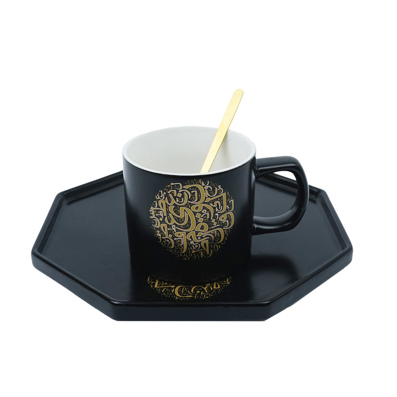 Gold printed Calligraphy Black/White Mug with Large Hexagon Plate and Spoon(SJ-1453-5)