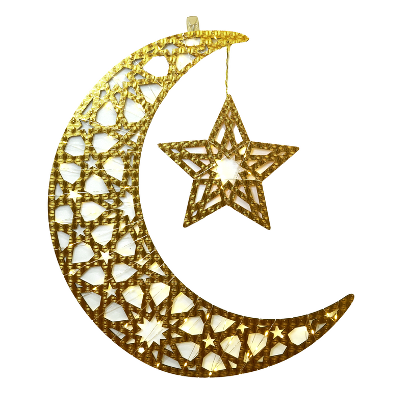 Giant Geometric Reflective Gold Crescent Moon & Star With Fairy Lights (757-44)