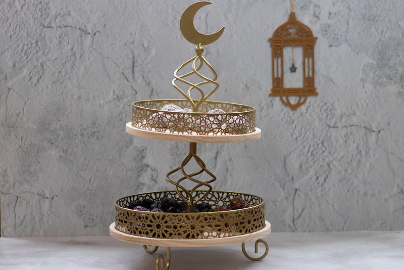 2 Tier Brushed Gold Cake Dessert Display Stand Geometric Cut out (K-2744)