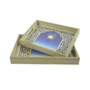 Set of 2 Minaret/Lantern BLUE night Rectangular Wooden Geometric Inlay Pattern Iftar Serving Trays (1904-8AB)