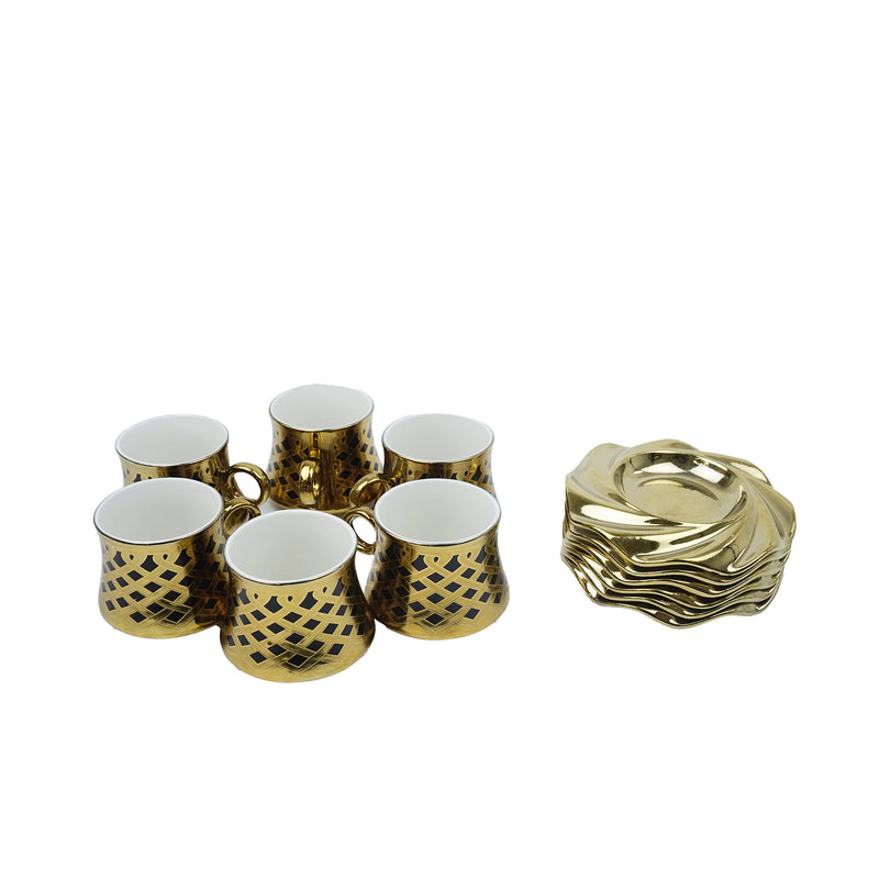 Set of 6 Ceramic Cups & Saucers - Black & Gold Swirl Design (XJ503-10)