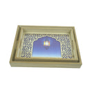 Set of 2 Minaret/Lantern BLUE night Rectangular Wooden Geometric Inlay Pattern Iftar Serving Trays (1904-8AB)